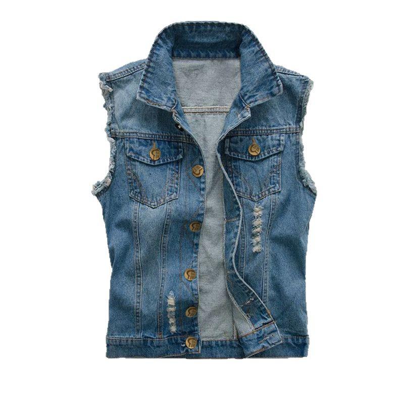 Herrväst i Koreansk Stil, Smal Passform, Riven Denimbäst - Ärmlös Topp för Vår/Sommar/Höst