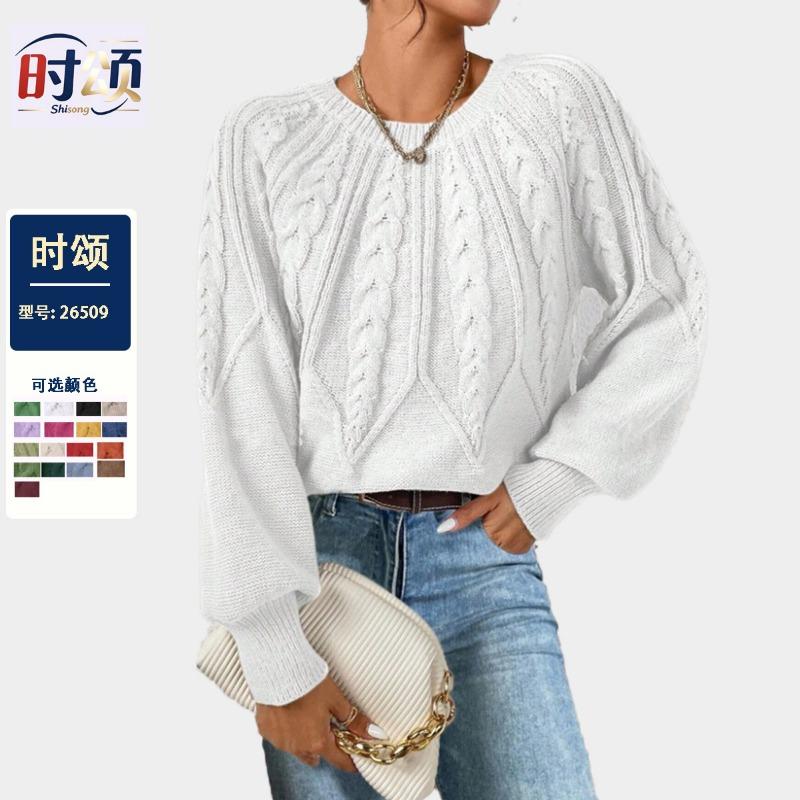 Women S Crew Neck Pullover Knit Sweater Solid Color Casual Long Sleeve