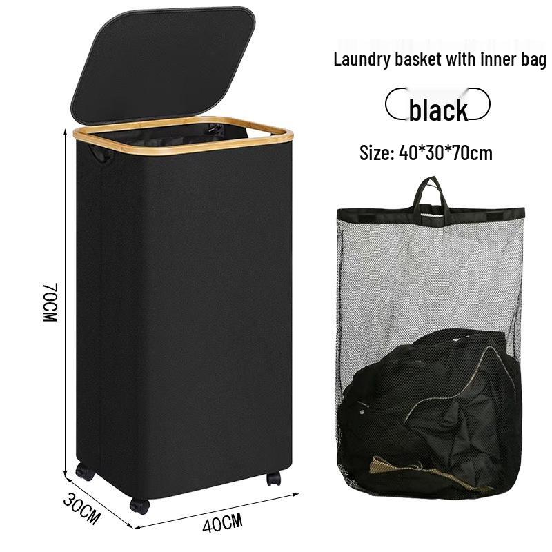 Foldable Bamboo Laundry Hamper with Lid - Oxford Cloth Dustproof Storage Basket