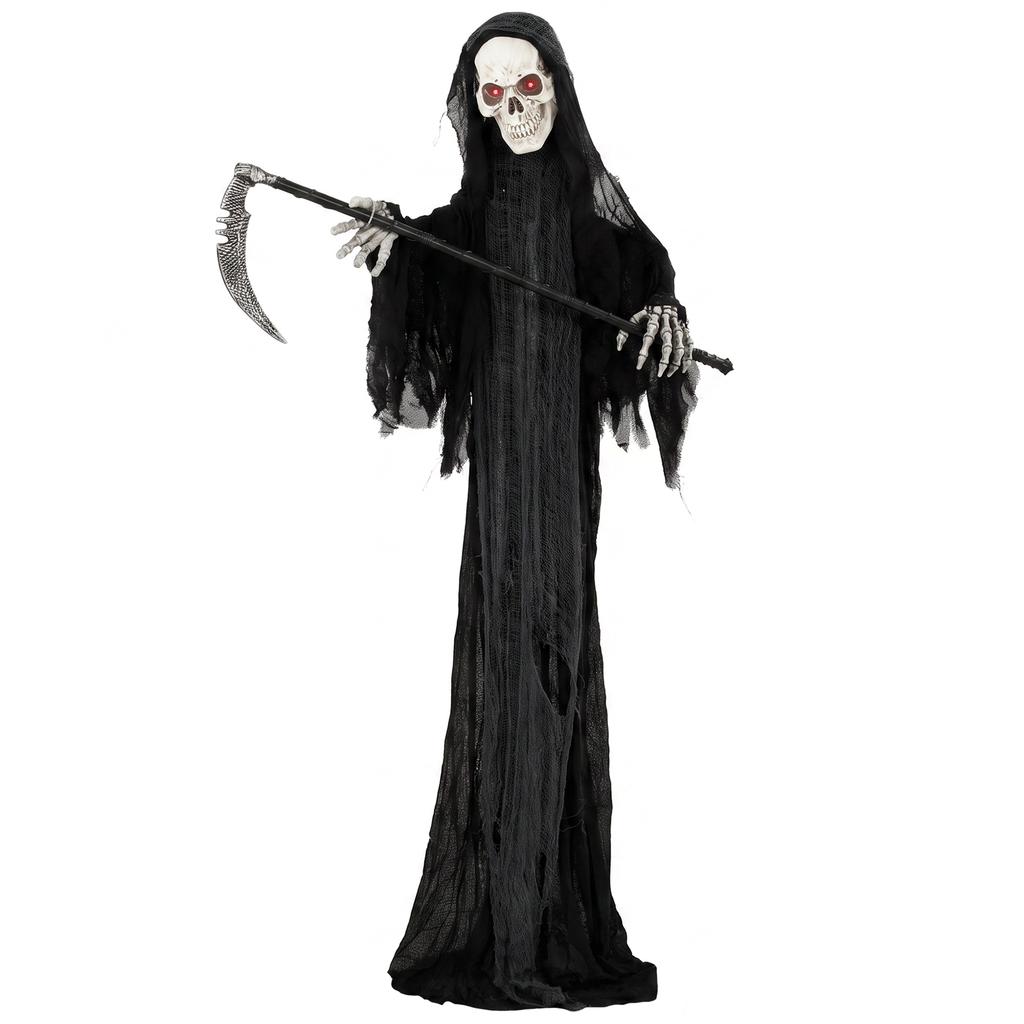 183cm Life Size Animated Grim Reaper Halloween Decoration, Scary Halloween Animatronics Decor with Sound Touch Activated
