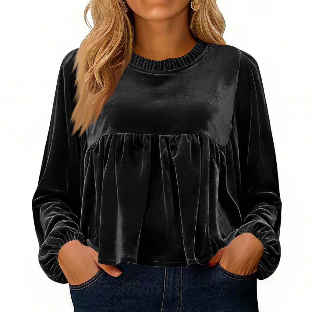 Women Loose Crewneck Babydoll  Long Sleeve Elegant Sleeve Velvet Blouse