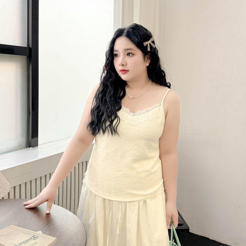 Plus size women clothing [French style Lace Sling] Chubby Girl Summer V-neck Fairy 100.00kg Slimming Vest Top
