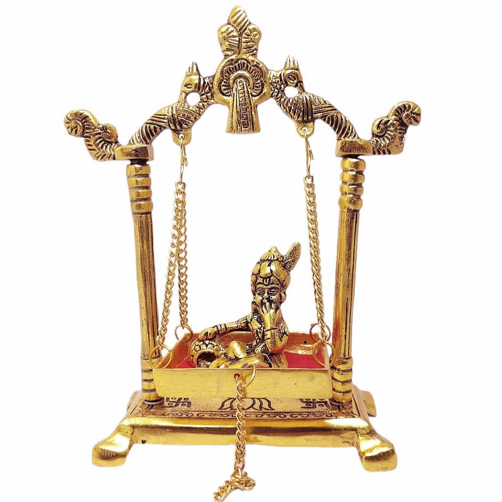 Laddu Gopal On Jhulla Palana Metal Statue Gold Plated Decor Your Home,Office Metal Krishna Murti,Showpiece Figurines,Religious Idol Gift Article.