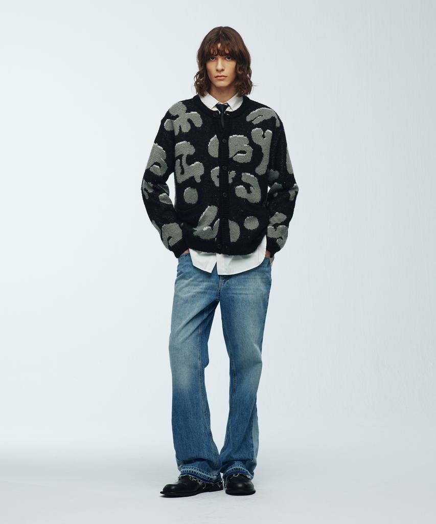 Knitted Bulky Brush Pattern Cardigan Black