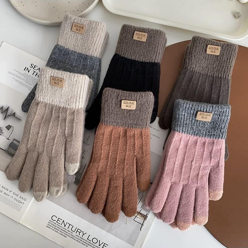 Alpaca Knitted Touch Screen Gloves for Women Autumn and Winter Warm Outdoor Antifreeze Plus Velvet Thickening Korean Version Cute