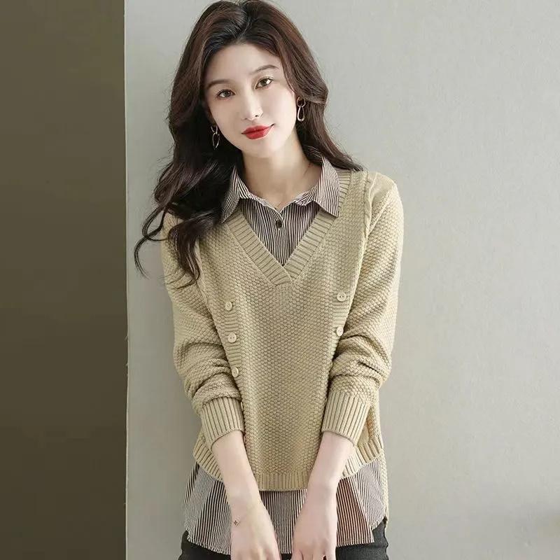 Spring Autumn Fake Two Piece Top Knitted Sweater Women's Splice Shirt Collar Korean Loose Long Sleeve Sweater Loose Base Shirt