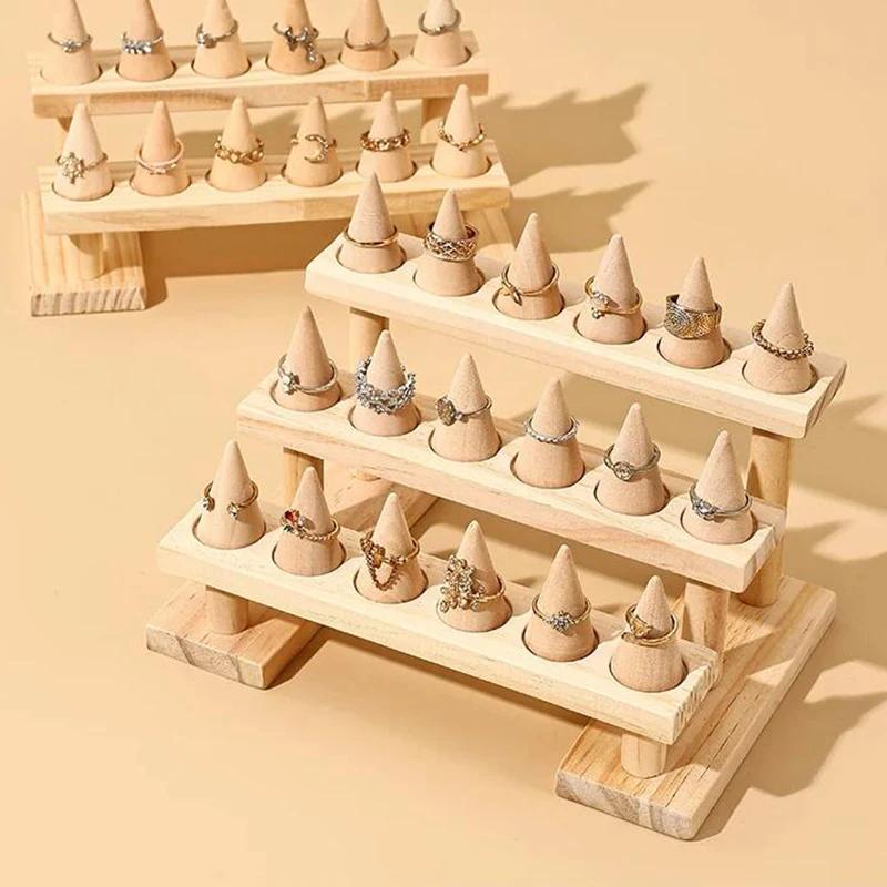 Wood Cone Ring Display Holder Jewelry Display Stand Ring Showcase Storage Tray for Counter Shows Base Shop Decor Display Rack