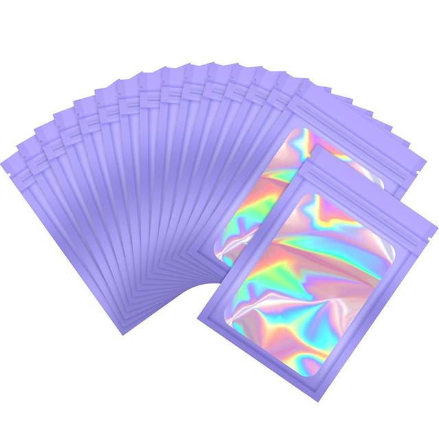 

50 шт. Голографический пакет с зиплоком, пластиковые лазерные переливающиеся пакеты с застежкой-молнией для маникюра, демонстрации ресниц, серег, колец, пакеты для хранения ювелирных изделий 50Pcs-6x10cm фиолетовый