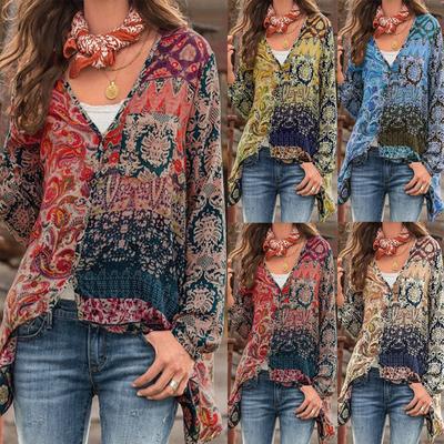 Women's Fashion Casual Blouse Plus Size Long Sleeve Print V-Neck Button Top
