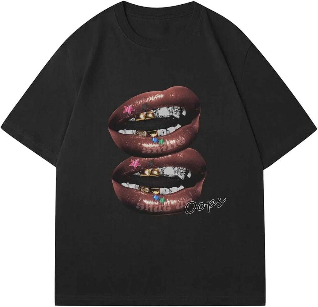 Women's Lip Print Pattern T-shirt Y2k Summer Round Neck Retro Streetwear Fashion Kawaii Minimalist Top