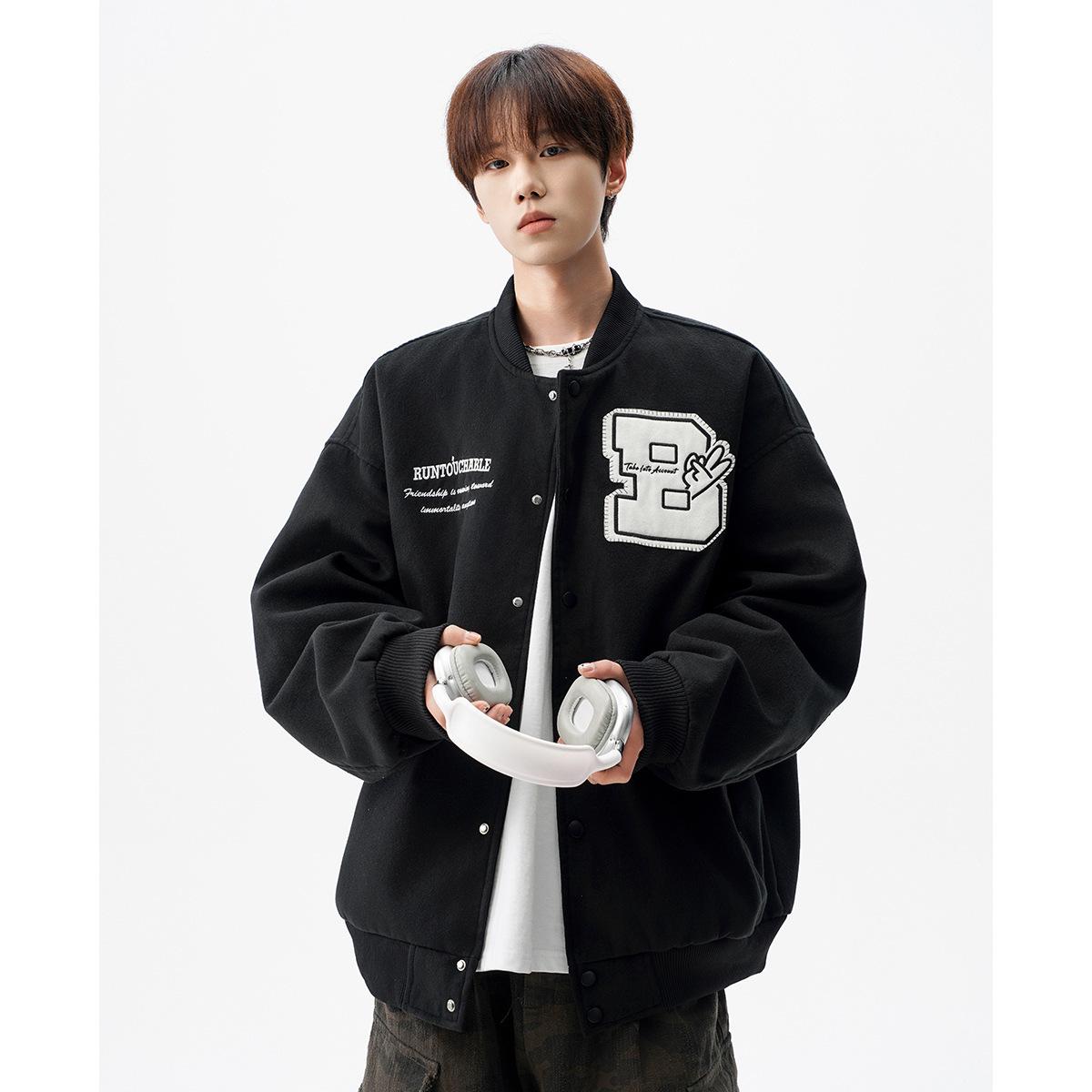 Unisex Retro American Wool Baseball Jacket – Embroidered High Street Spring/Autumn Outerwear XL