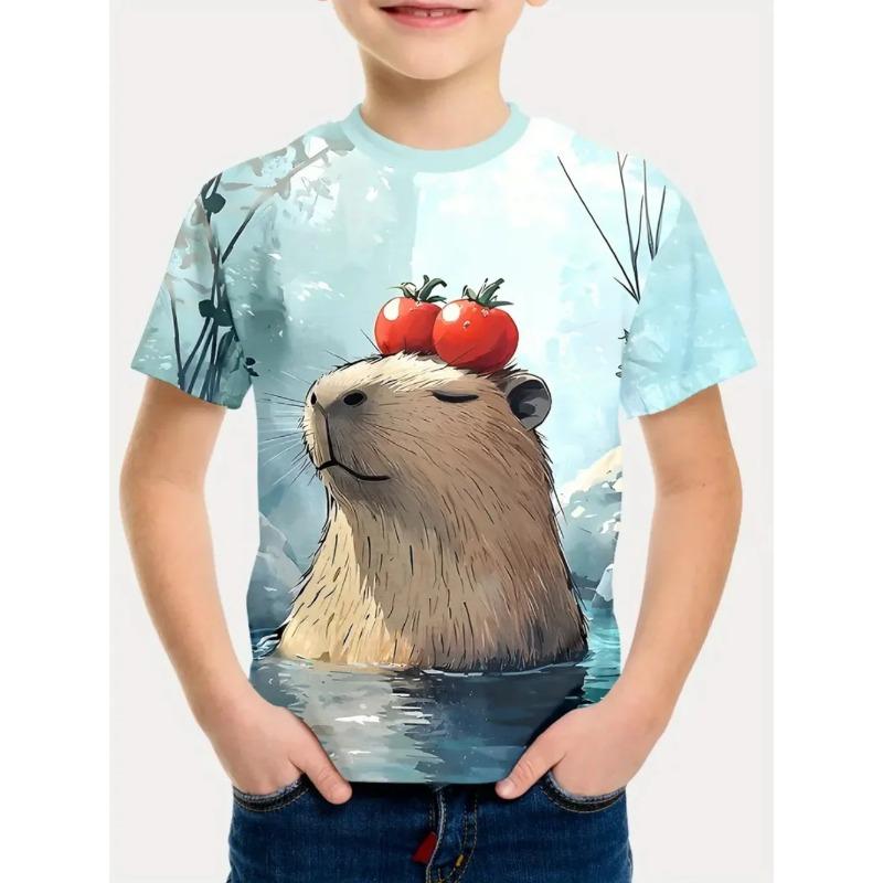 Round Neck 3D Capybara Printed Fashionable Short Sleeved Children's Boy T-shirts - Soft Medium Stretch Polyester Fabric Summer Relaxed Fit Clothing
