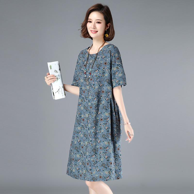 2025 Women's Summer Floral Cotton-Linen Mid-Length Slimming Dress