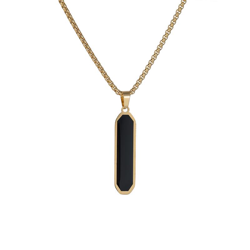 Minimalist Geometric Titanium Steel Necklace with Black Enamel Long Bar Pendant