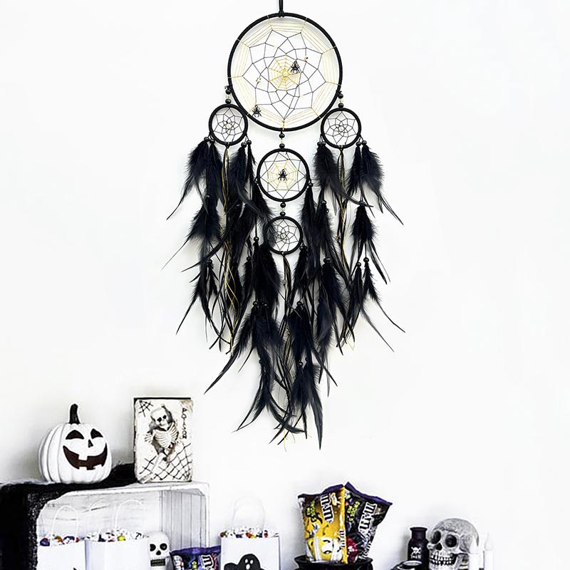 Dream Catcher Hand-woven Black Feathers Wind Chimes Room Wall Hangings Halloween Decorations Festival Party Gifts Home Accessory