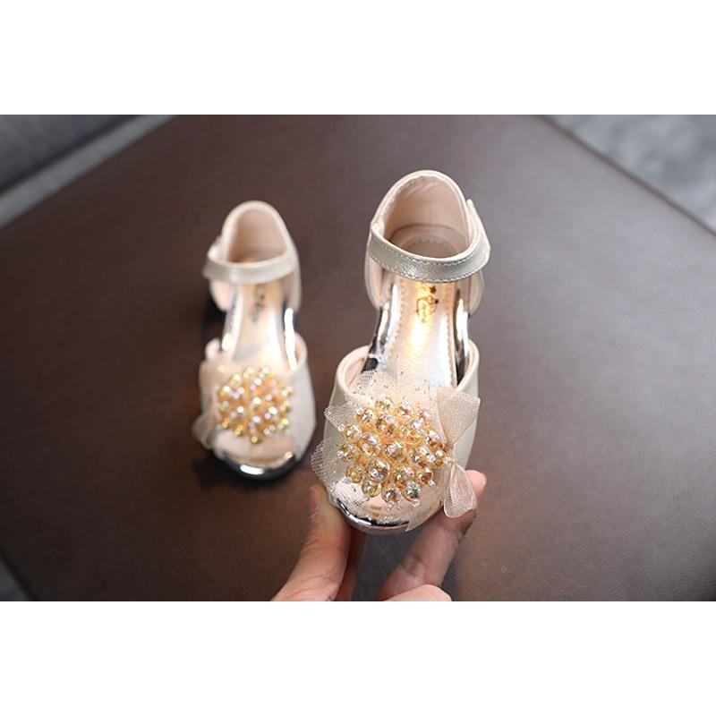 Lace Pearl Big Flower Princess Sandals, Crystal Soft Sole Peep Toe Shoes for Girls