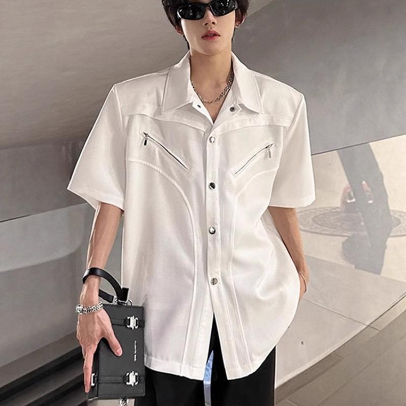 Herren Reißverschlusstasche Oversized Kurzarm Button-Down Hemd Lässiges Streetwear Top