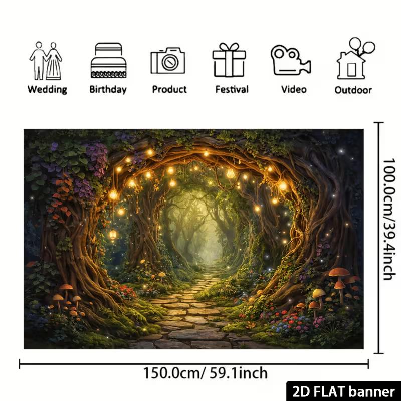 2D Magical Forest Path Backdrop Enchanted Tree Tunnel with Lights Photography Background