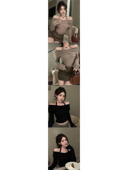 Korean-Style Spicy Off-Shoulder Halter Neck Knit Top for Women: Slim Fit, Long Sleeve, Autumn & Winter Collection