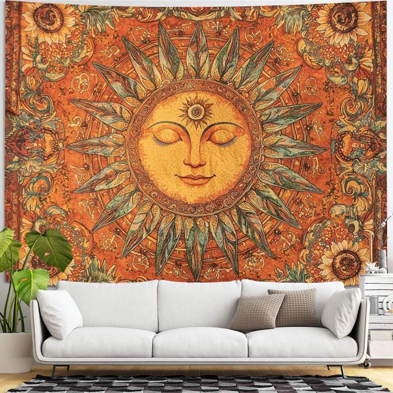 1 piece, 2D flat sun and moon tapestry, vintage bohemian wall hanging with a smiling sun pattern, wsj