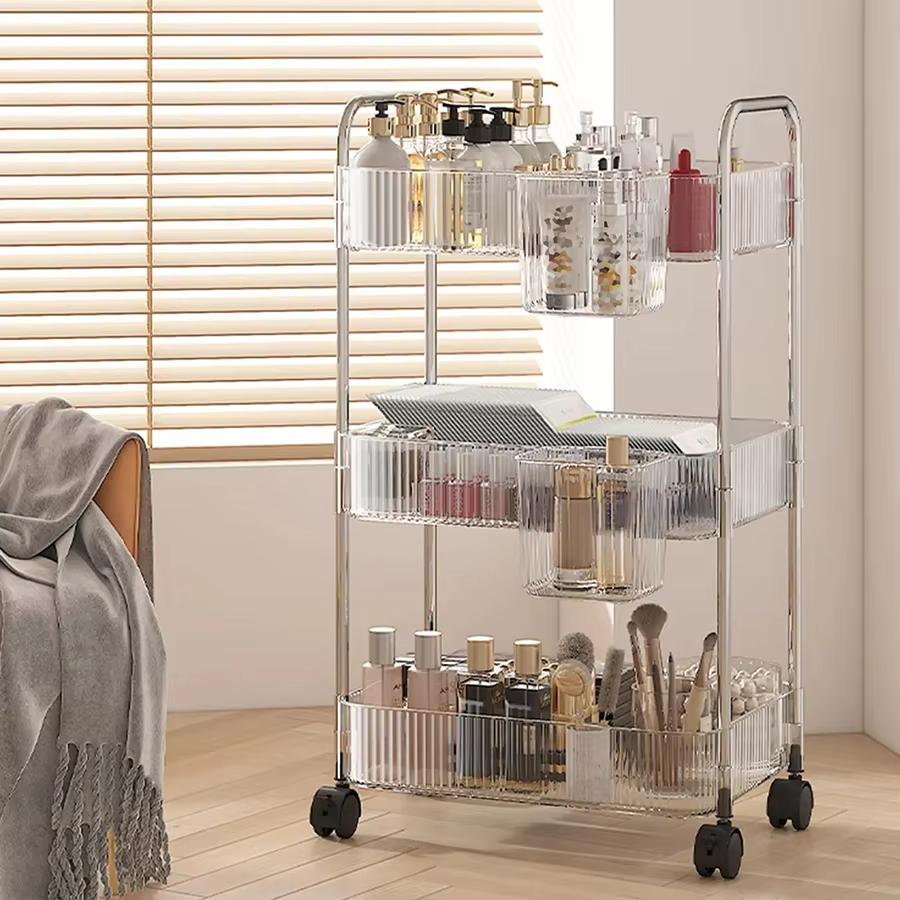 2/3/4 Layers Storage Rack Trolley Light Luxury Transparent Acrylic Rolling Cart With Removable Hanging Baskets Snacks Bookshel