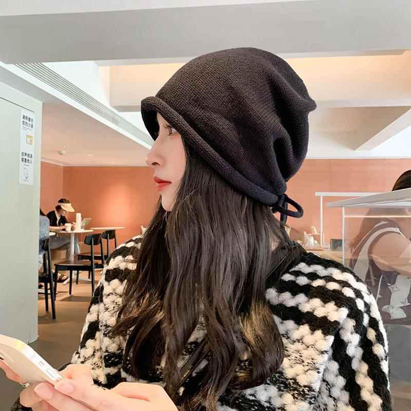 Autumn And Winter Pile Hat With Curled Brim And All-Match Warm Cold Hat With Large Head Knitted Drawstring Hat For Women
