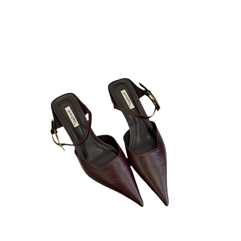 2025 spring and autumn new temperament pointed high heels women's one-word buckle with sandals thin heel bag head women's shoes