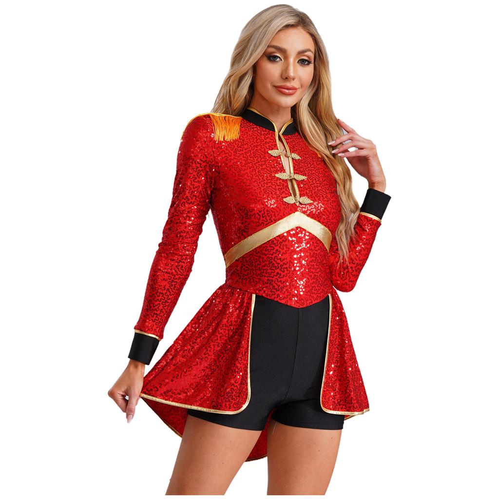 Womens Sparkly Ringmaster Outfit Fringed Epaulet Bodysuit for Carnival Performances Themed Parties