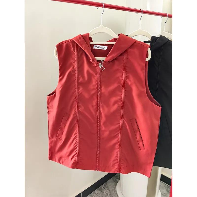 Women s Red Hooded Vest Zip Up Sleeveless Casual Loose Outerwear M