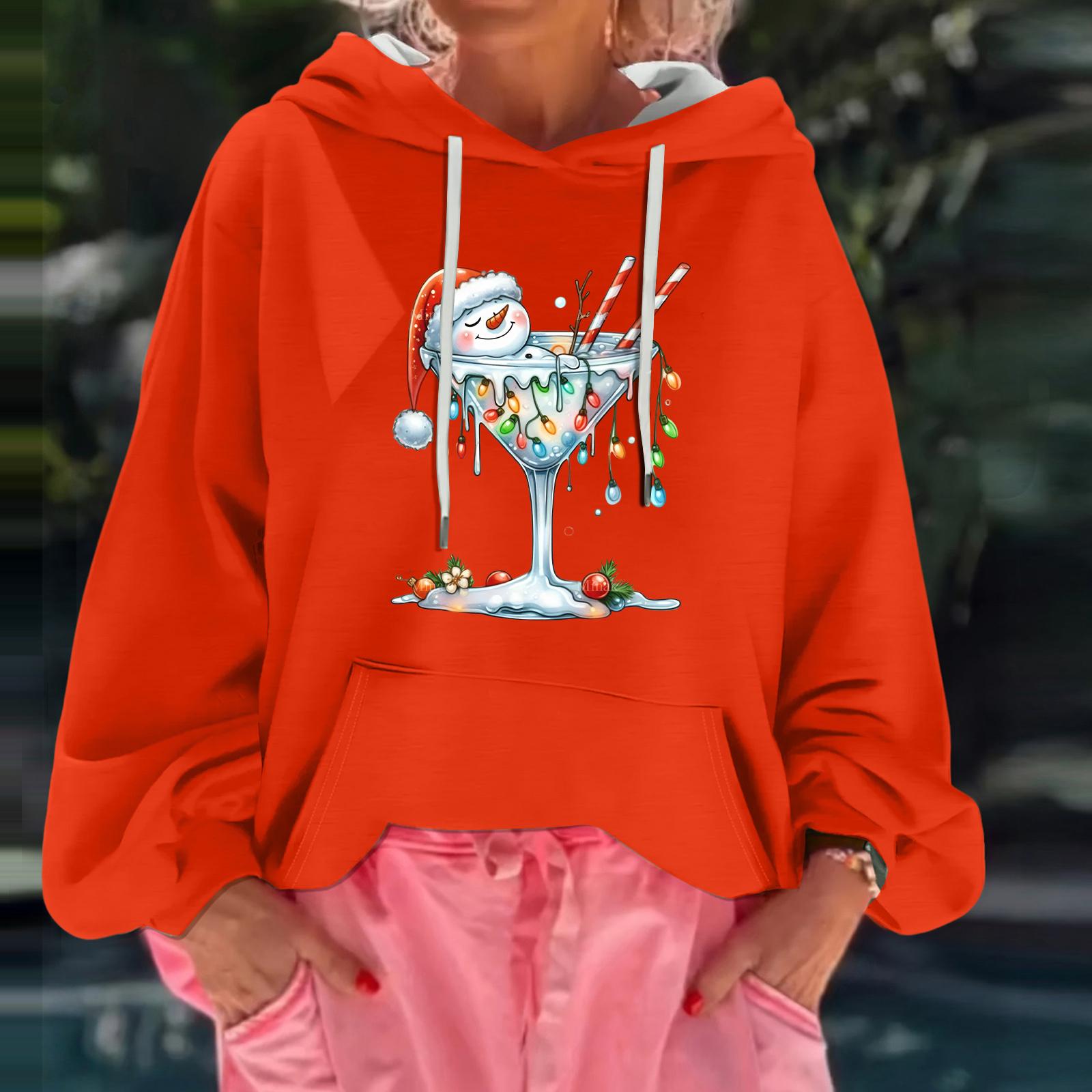 

Женский рождественский принт, свободный повседневный худи с длинным рукавом и капюшоном XL киноварь