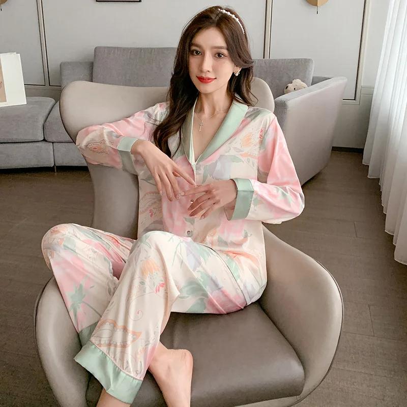 Primavera e Outono Senhoras Novos Pijamas Homewear Duas Peças Feminino Verão Fino Seda Doce Pop Casual Pijama Homewear Conjunto