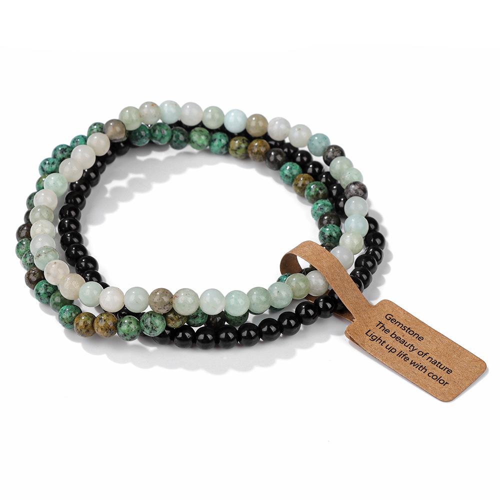 Braccialetti Elastici con Perline di Pietra Naturale da 4 mm (3 Pezzi) per Donna Uomo Agate Muschiate Quarzi Rosa Set di Braccialetti Elasticizzati con Etichetta Gioielli