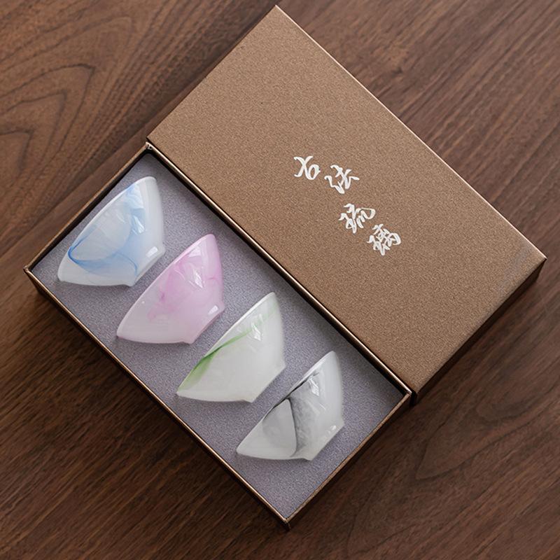 Chinese Ink Painting Glass Tea Cup Bamboo Hat Shape Gongfu Teaware Set with Gift Box for Home Ceremony Collection