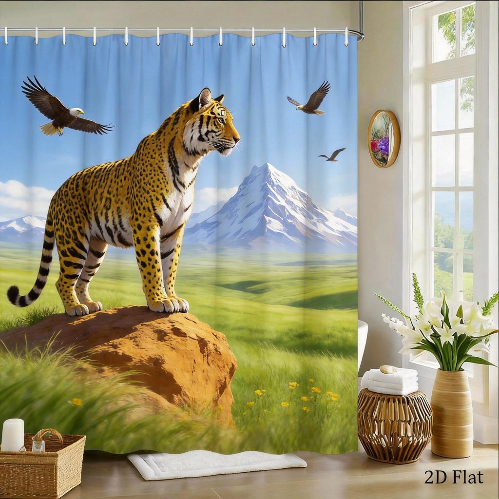 Bengal Tiger Shower Curtain Mountain Landscape Print with Flowers Polyester Bath Curtain with Hooks for Nature Decor