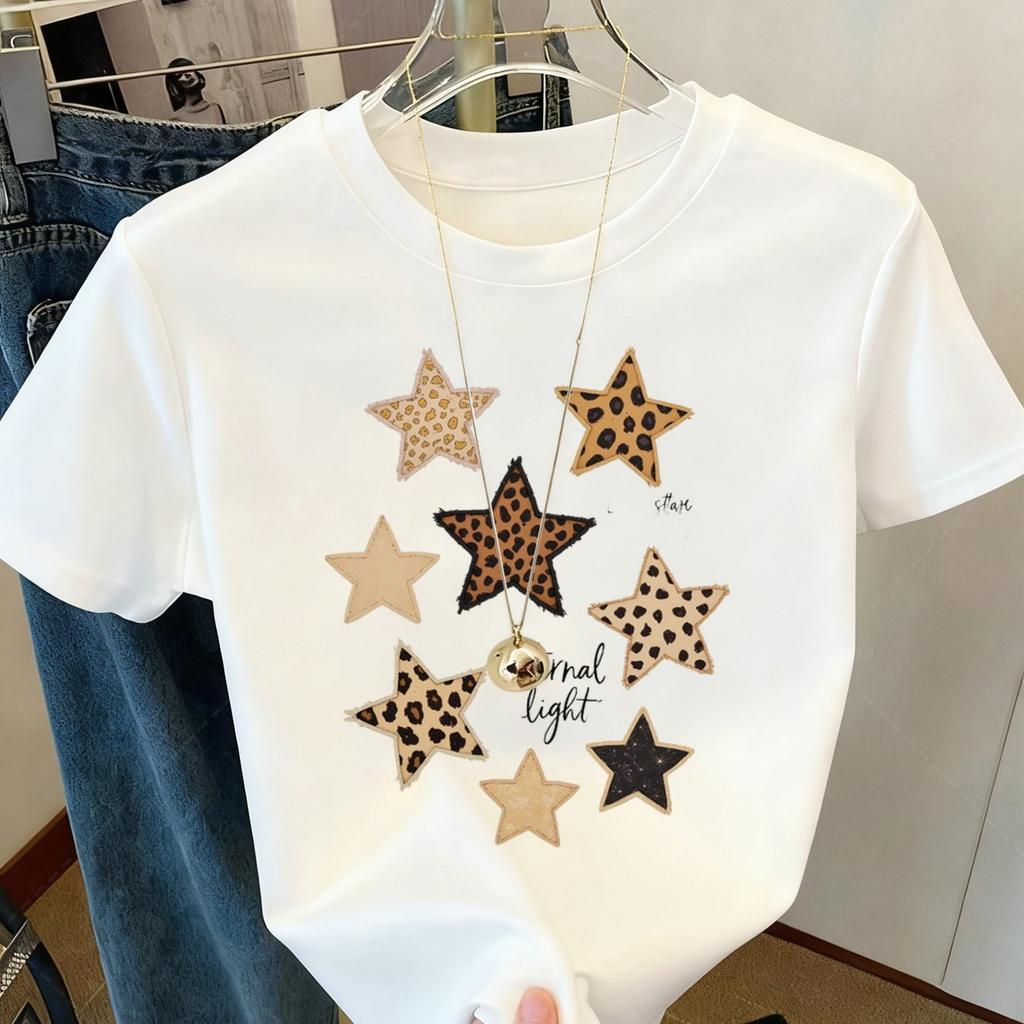 Leopard Star Printed Women's T-shirt, this casual summer top is a round neck short-sleeved patterned T-shirt