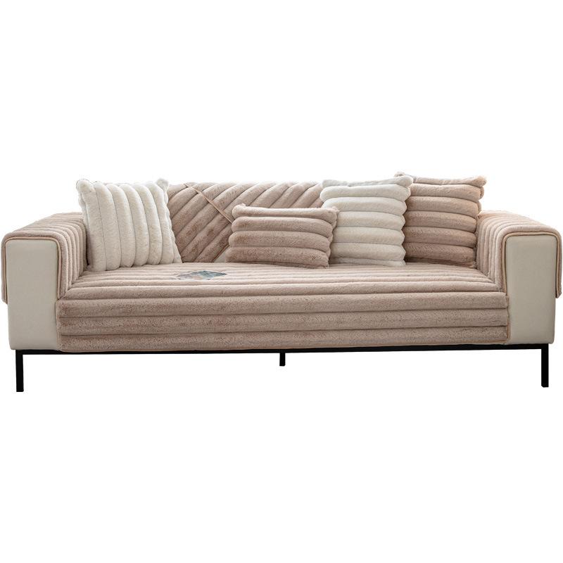 High-Grade Striped Rabbit Plush Sofa Cushion Winter  New Non-Slip Seat Cushion Solid Wood Leather Cover Cross-Border