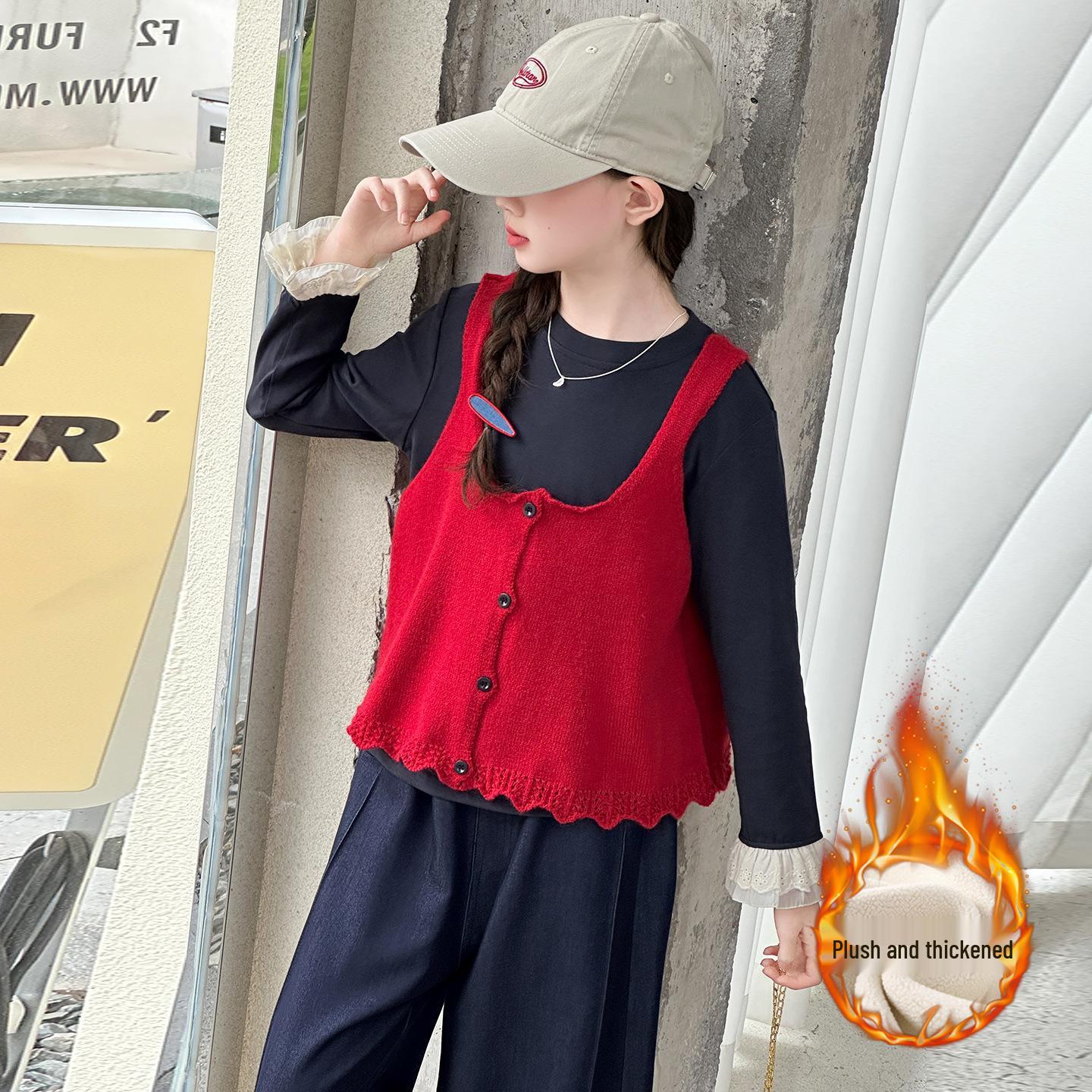 

Girls Autumn/Winter Korean Style Three-Piece Set: Camisole, Fashionable Plus Velvet Vest & Pants 150 cm