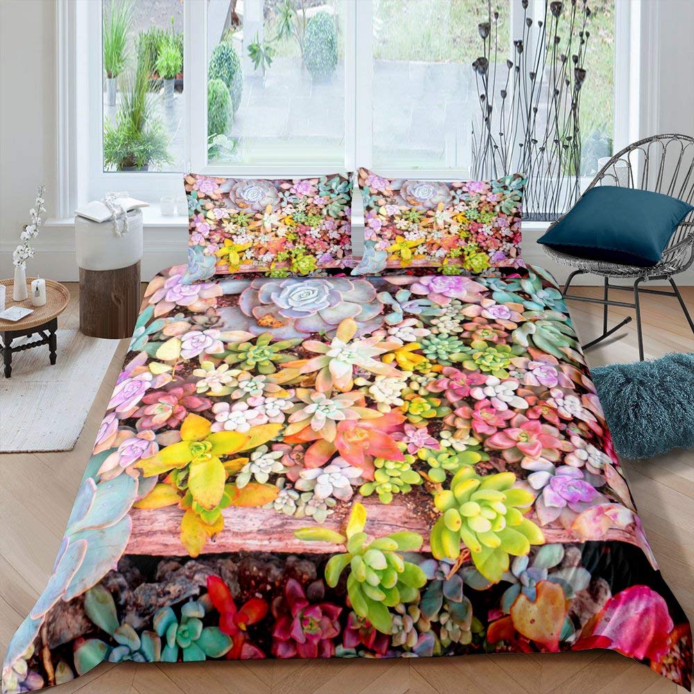 Floral Bedding Set 3pcs Cactus Succulents and Flowers Decor Comforter Cover Plant Soft Polyester Quilt Cover with 2 Pillow Cases