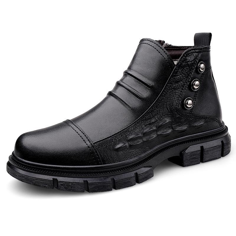 Men's High-top Sock Martin Boots: Outdoor Workwear Shoes, Autumn/Winter Cowhide Leather with Velvet Lining, Casual Cotton Design.