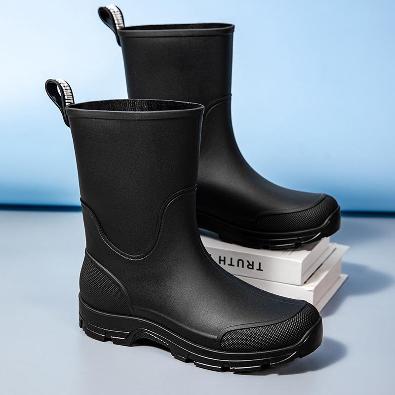 Unisex Mid-Calf Waterproof Drawstring Rain Boots - Lightweight Non-Slip Rubber Shoes