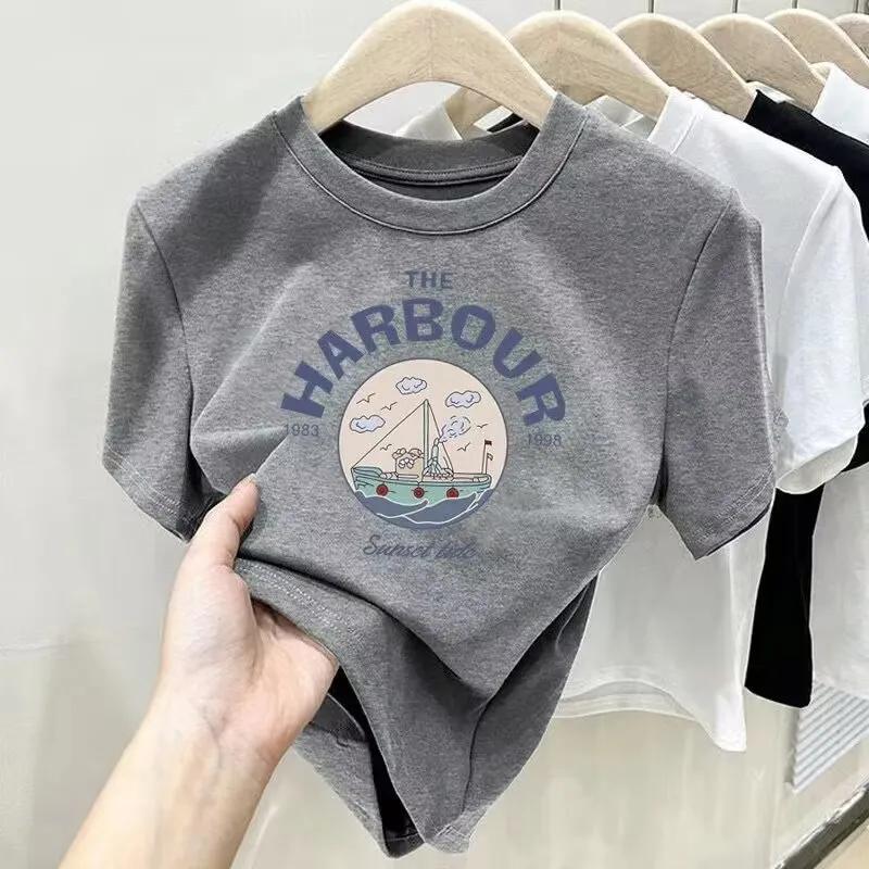 Women's Grey "HARBOUR" Nautical Graphic Short Sleeve T-Shirt Casual Crew Neck Summer Tee