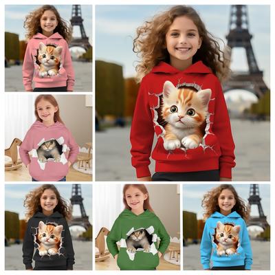 2024 Kinderkleidung Katzen Hoodies Pullover Oberbekleidung Mädchenkleidung 2 bis 8 Jahre Frühlingsmode 3D-Druck Kinder Langarmshirts