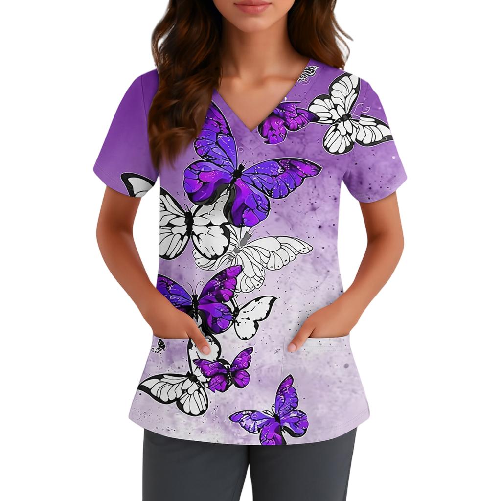 Women's Cute Bow Printed Work Clothes V-neck Double Layer Pockets Basic Short Sleeve Top Pullover