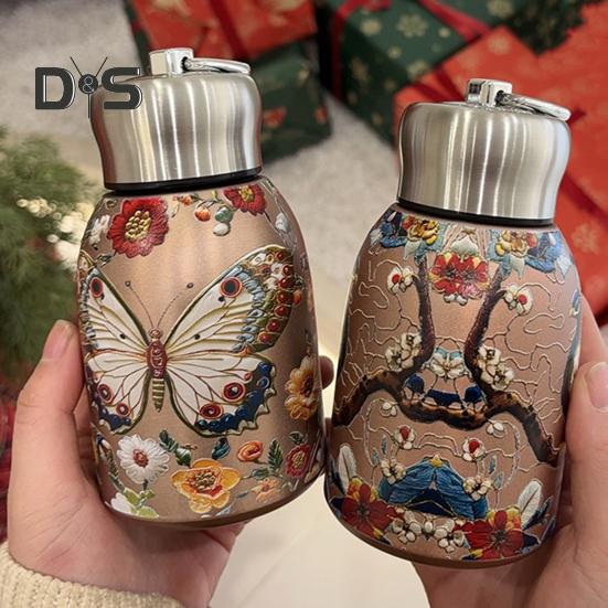 Vakuová termoska s motivem páva, nerezová, vintage květinová, 300 ml, dvoustěnná izolace, skleněná čajová konvice s víčkem proti úniku