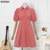VONDA Summer Women Turn Down Collar Short Sleeve Plaid Back Elastic Casual Ruffled Mini Dress