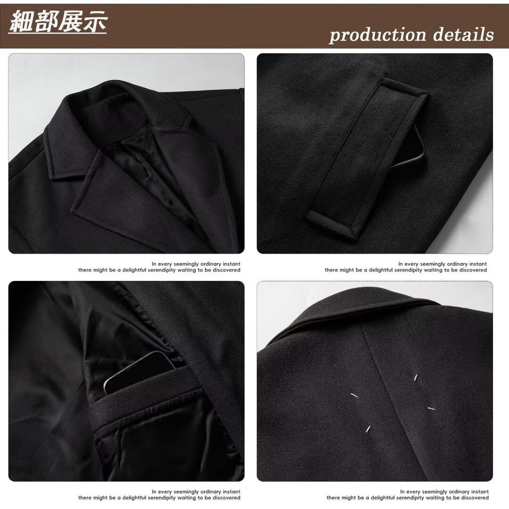 WUXZHI Chesterfield Trench Long Business Casual Long Cold Black Fashionable Men's Coat, Coat, Jacket, Autumn/Winter/Spring Outerwear, Windproof,