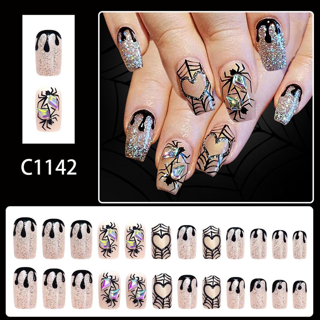 Halloween Press On Nails Square Fake Nails Acrylic Nails Spider Web False Nails Stick On Nail Full Cover Fake Nail