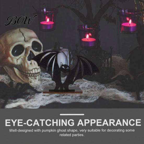 Halloween Horror Atmosphere Decor Bat Ornament, Solid Wood Tea Candle Holder, Classroom Spooky Decoration, for Desktop Electronic Candles Decorative