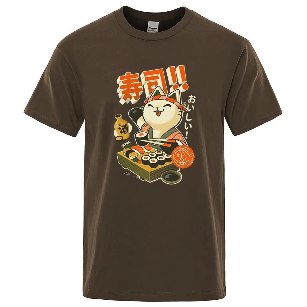 Japan Sushi Chef Cat Cartoons Men Tshirt Oversized Loose Clothes Street Cotton T Shirts Fashion T-Shirts Casual Brand Tshirt