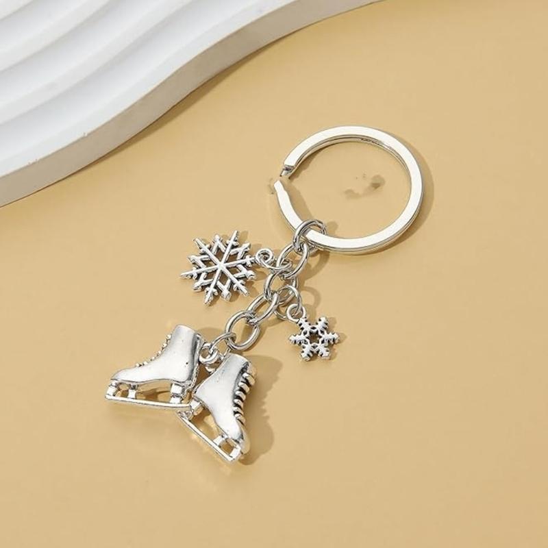 Elegant Silver Ice Skating And Snowflake Pendant Keychain For Winter Sports Enthusiasts Stainless Steel Key Holder